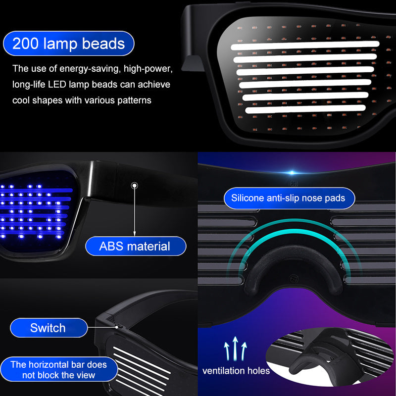 Bluetooth Led Party Glasses App Control Luminous Glasses Editable Text DIY Charge Flashing Eyewear Christmas Concert Sunglasses